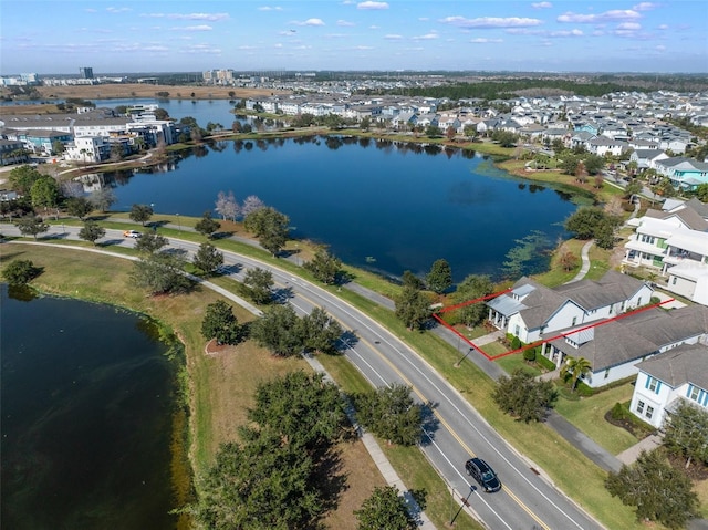 drone / aerial view featuring a water view