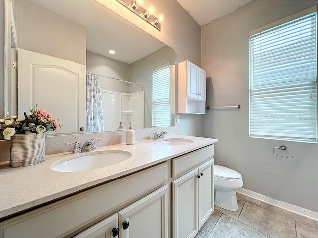 3857 San Isidro Cir, Saint Cloud, FL 34772 - bathroom featuring vanity, curtained shower, tile patterned floors, and toilet