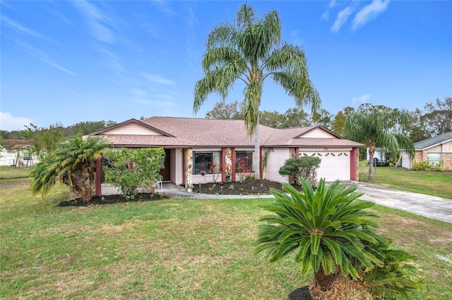 single story home featuring a garage and a front lawn