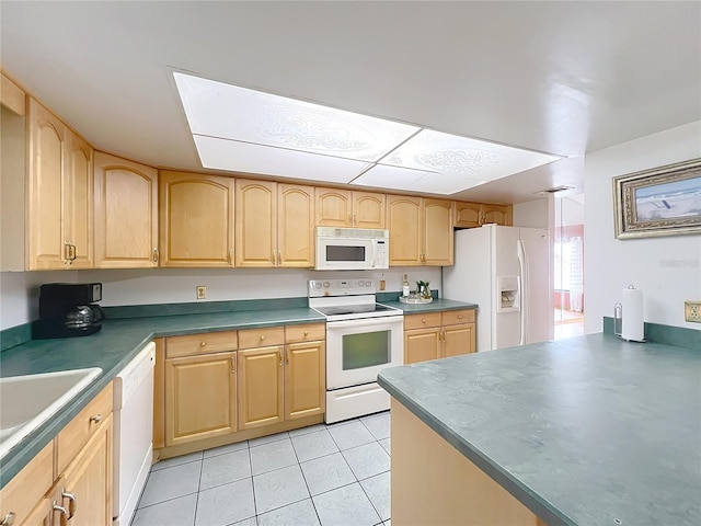 kitchen with light brown cabinetry, light tile patterned floors, white appliances, and sink