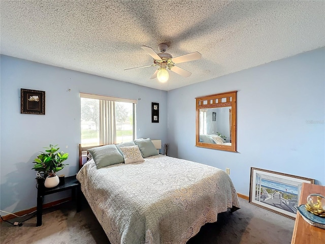 bedroom with dark colored carpet, ceiling fan, and a textured ceiling