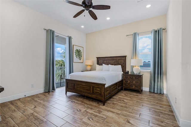 bedroom with ceiling fan, access to exterior, and light wood-type flooring