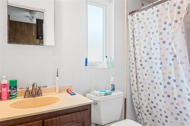 bathroom featuring vanity, toilet, and curtained shower