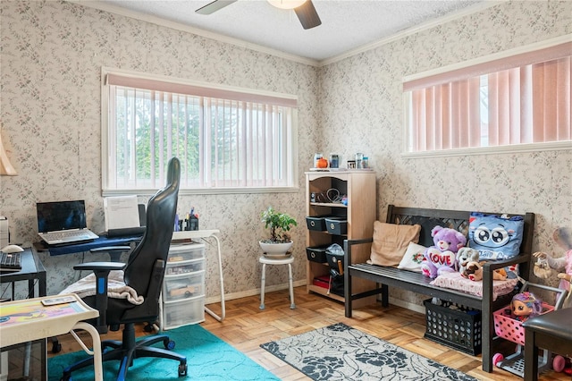 office with ceiling fan, parquet flooring, ornamental molding, and a textured ceiling