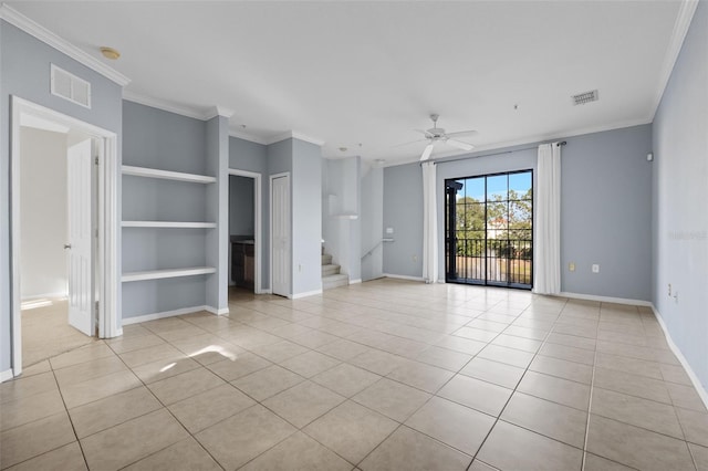 unfurnished living room with light tile patterned floors, built in shelves, ornamental molding, and ceiling fan