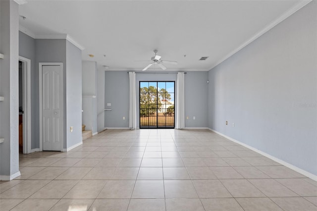 tiled empty room featuring crown molding and ceiling fan