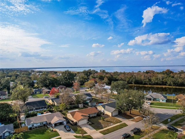 aerial view featuring a water view