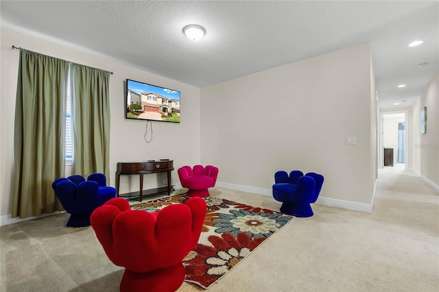 interior space featuring carpet floors and a textured ceiling