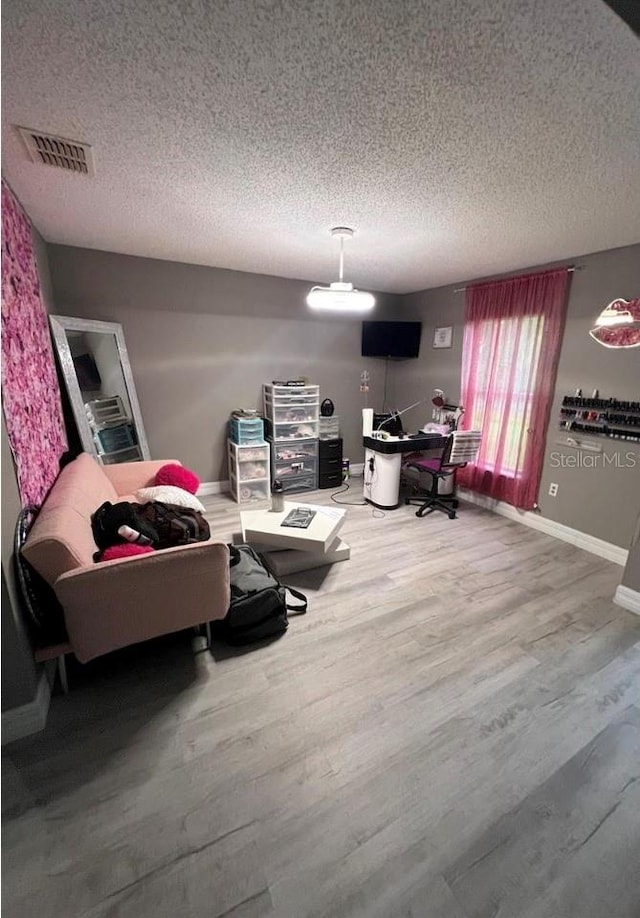 interior space featuring hardwood / wood-style floors and a textured ceiling