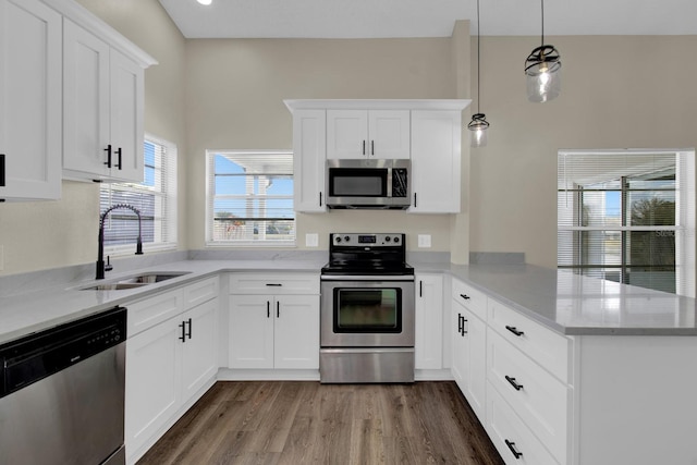 kitchen featuring dark wood finished floors, white cabinets, a peninsula, stainless steel appliances, and a sink