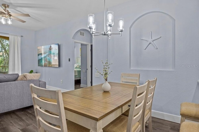 dining room featuring ceiling fan and dark hardwood / wood-style floors