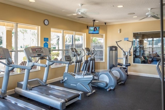 exercise room with crown molding, ceiling fan, and a textured ceiling