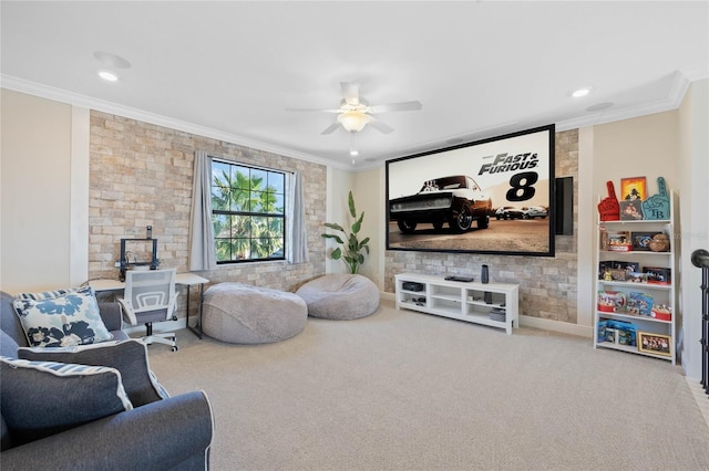 living room featuring baseboards, a ceiling fan, ornamental molding, carpet, and recessed lighting