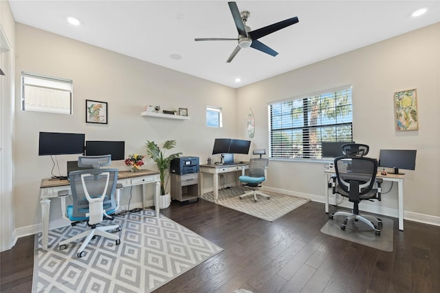 office space featuring recessed lighting, wood finished floors, a ceiling fan, and baseboards