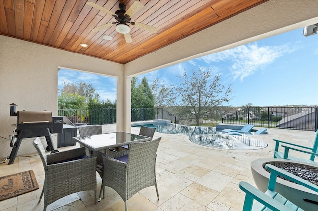 view of patio / terrace with ceiling fan, a fenced backyard, a fire pit, a fenced in pool, and outdoor dining space