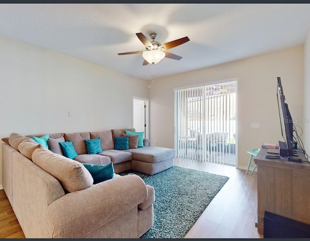 living room featuring ceiling fan and wood-type flooring