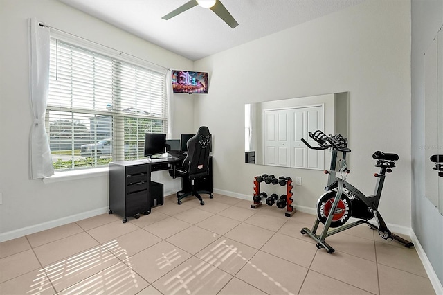 tiled home office with ceiling fan