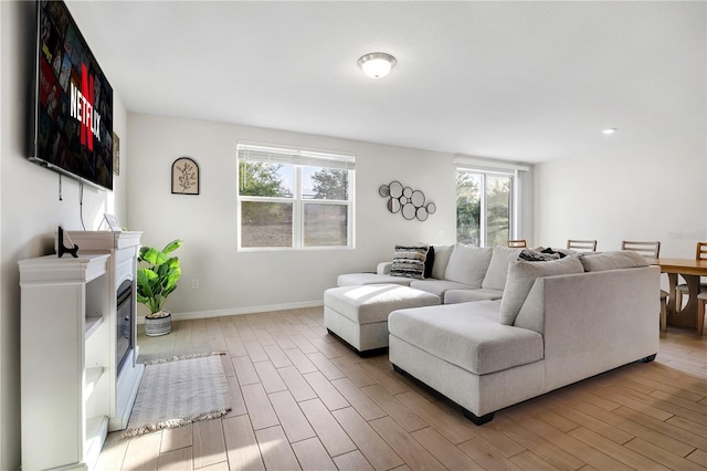 living room with light hardwood / wood-style flooring