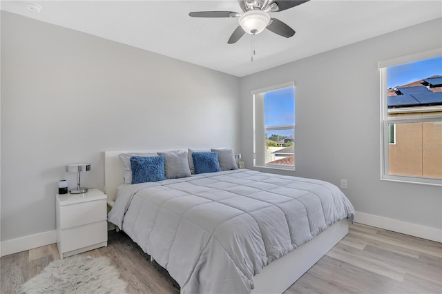 bedroom featuring ceiling fan and light wood-type flooring