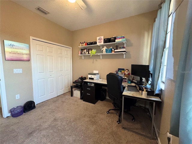 office space featuring light carpet and a textured ceiling