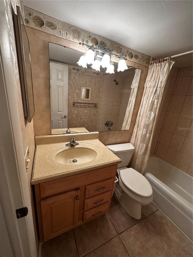 full bathroom with toilet, a textured ceiling, tile patterned floors, and shower / bath combo with shower curtain