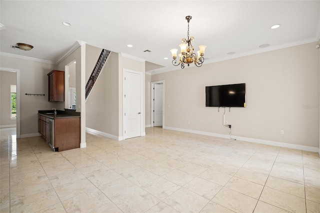 unfurnished living room featuring crown molding, recessed lighting, stairway, an inviting chandelier, and baseboards