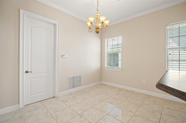 empty room featuring visible vents, crown molding, baseboards, and an inviting chandelier