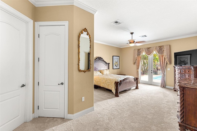 bedroom featuring access to outside, visible vents, ornamental molding, and light colored carpet