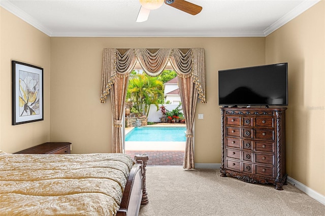 bedroom with ceiling fan, baseboards, access to outside, carpet, and crown molding