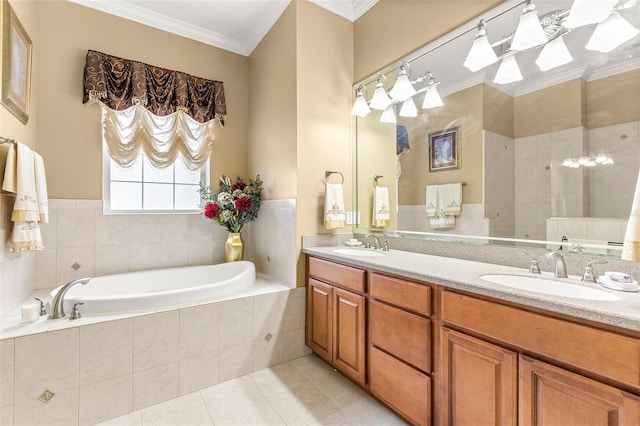 full bathroom featuring a garden tub, crown molding, tile patterned flooring, and a sink