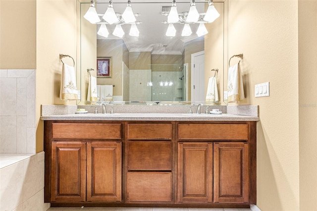 bathroom with double vanity, a stall shower, and a sink