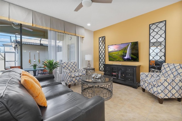 tiled living room with ceiling fan