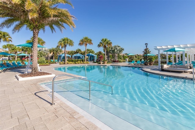 view of swimming pool featuring a patio area