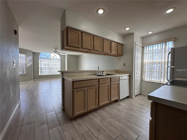 kitchen with ceiling fan, white appliances, plenty of natural light, and sink