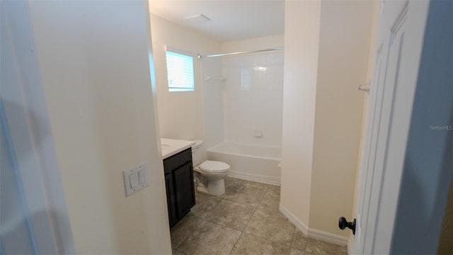 full bath featuring vanity, baseboards, shower / washtub combination, tile patterned floors, and toilet