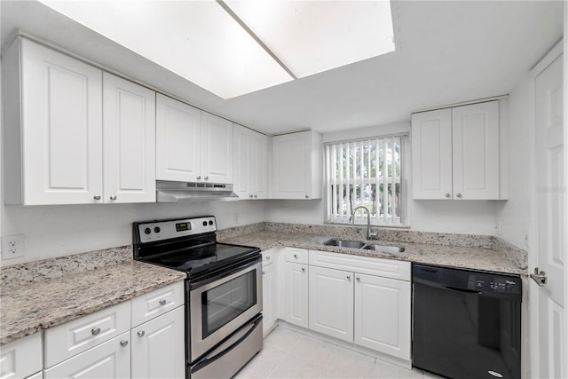 kitchen featuring sink, light stone counters, black dishwasher, stainless steel electric stove, and white cabinets