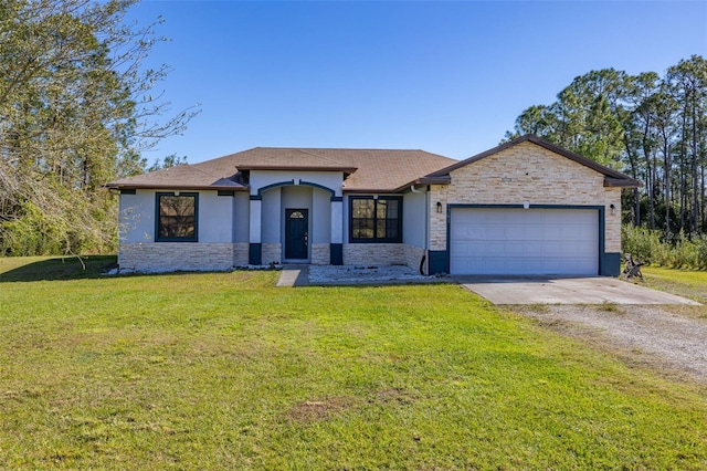 view of front of property featuring concrete driveway, stone siding, an attached garage, a front yard, and stucco siding