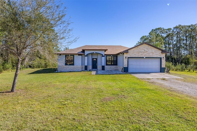 view of front of house featuring driveway, a garage, stone siding, a front lawn, and stucco siding