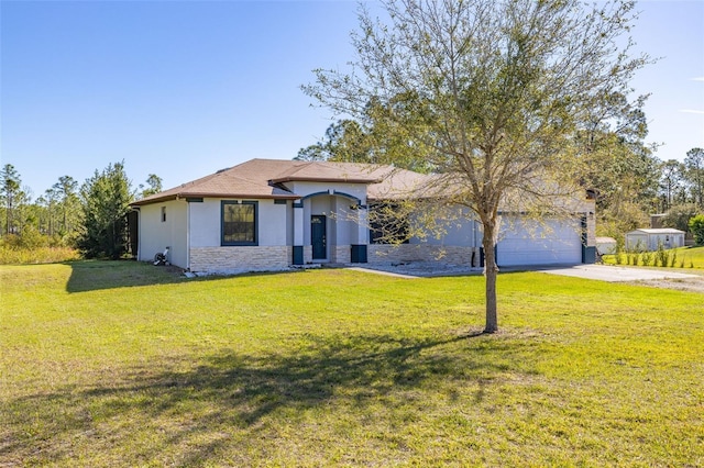 view of front of property featuring a garage, concrete driveway, stone siding, a front lawn, and stucco siding