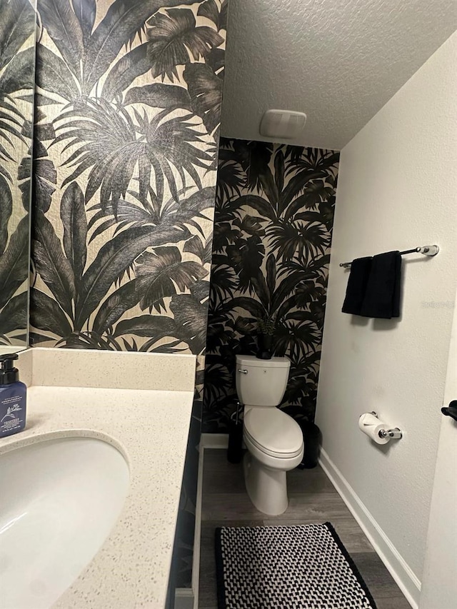 bathroom featuring sink, wood-type flooring, toilet, and a textured ceiling