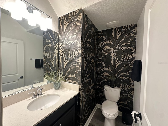 bathroom featuring vanity, toilet, and a textured ceiling