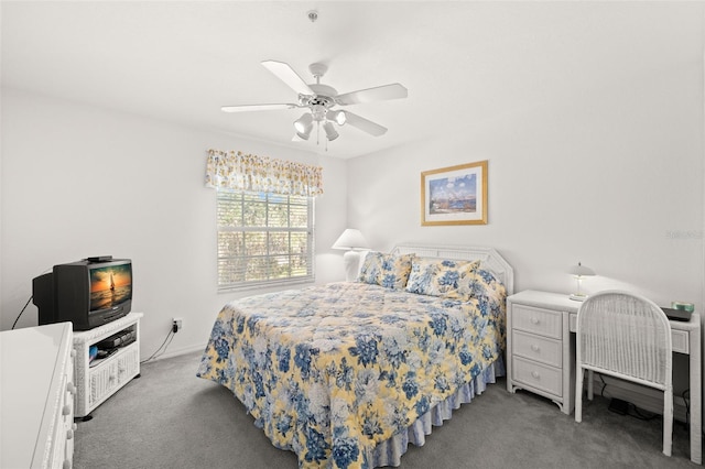 bedroom with ceiling fan and carpet