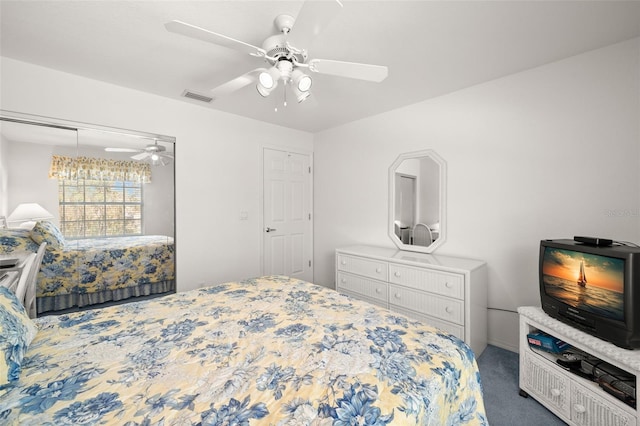 carpeted bedroom featuring ceiling fan and a closet