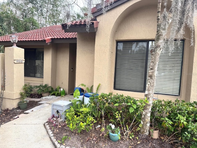 entrance to property featuring a tiled roof and stucco siding