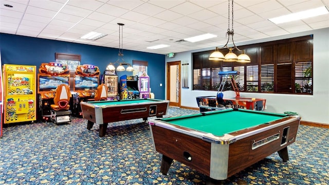 playroom with pool table and a drop ceiling