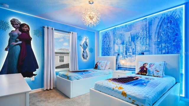 bedroom with light colored carpet and a notable chandelier