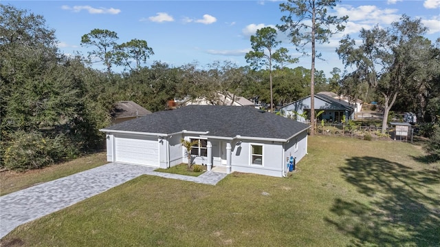 view of front of house featuring a garage, a porch, and a front lawn