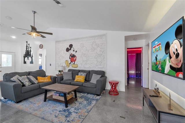 living room featuring lofted ceiling and ceiling fan