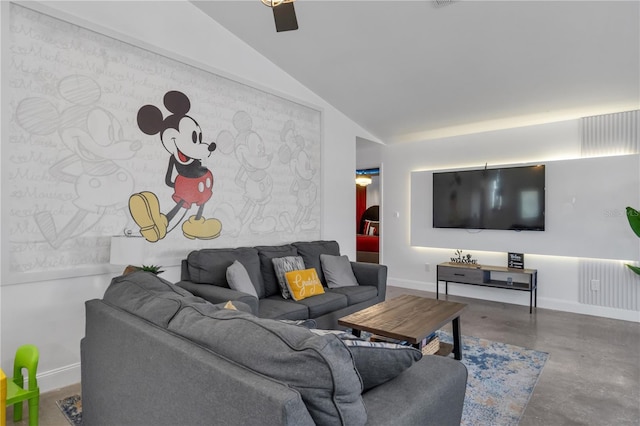 living room with lofted ceiling and concrete flooring