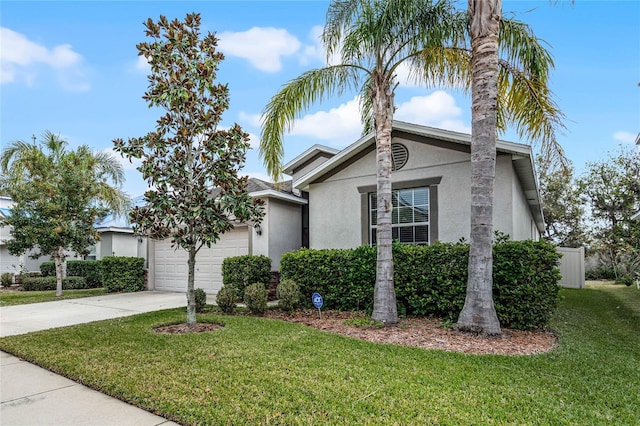 ranch-style home with a garage and a front yard